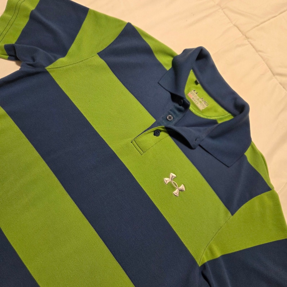 Under Armour HeatGear Mens Striped Polo Shirt Navy Blue Lime Green MD Regular